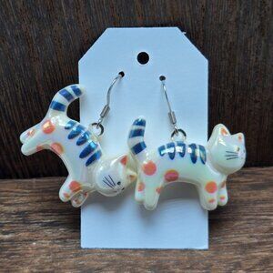 NWT Orange Spotted Cat Earrings Pierced Blue Stripe Cat Lady Dangle Drop Jewelry